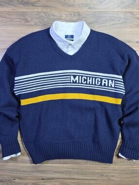 Vintage 90s Cliff Engle Michigan Wolverines V-Neck Sweater XL Navy